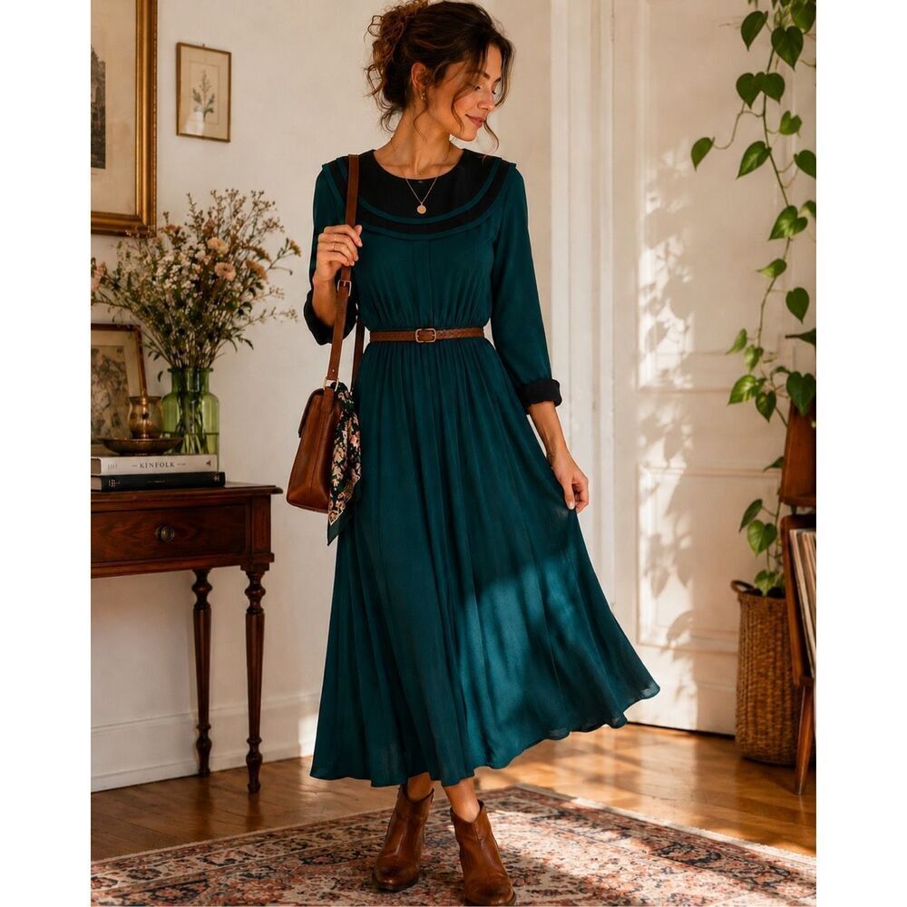 Vintage Teal Sailor Collar Maxi Dress Women’s Size 4 Boho Prairie Dark Academia